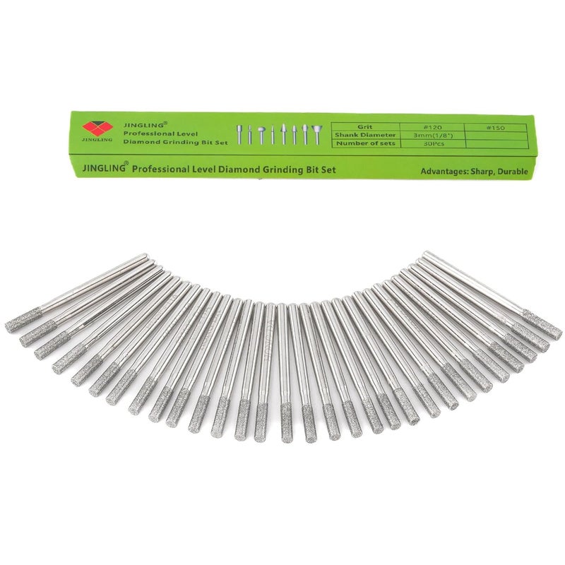 Jingling رؤوس مثقاب ماسية 3 مم للحجر والسيراميك والزجاج 1/8" شفت مجموعة أدوات صناعة المجوهرات لدرمل عبوة من 30 قطعة - Image 2